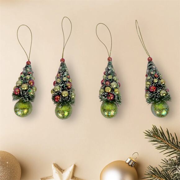 Lot of 4 Sparkling Bottle Brush Christmas Tree Ornaments 5" Tall Decor Holiday - Picture 2 of 5